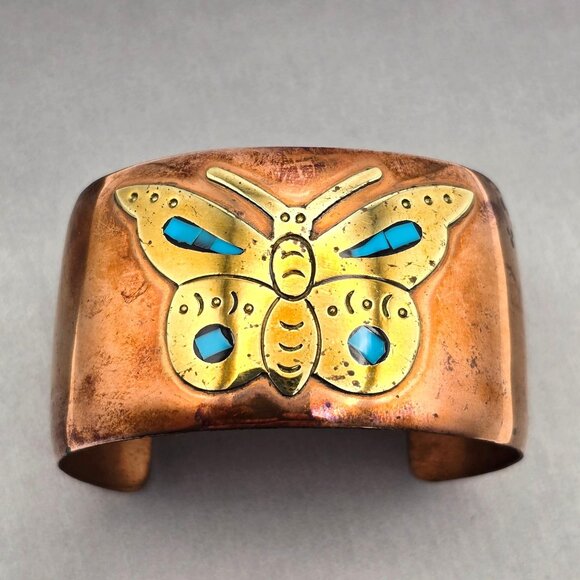VTG Cobre Copper & Brass Turquoise Inlay Butterfly Wide Cuff Bracelet 7" Mexico - Picture 8 of 11
